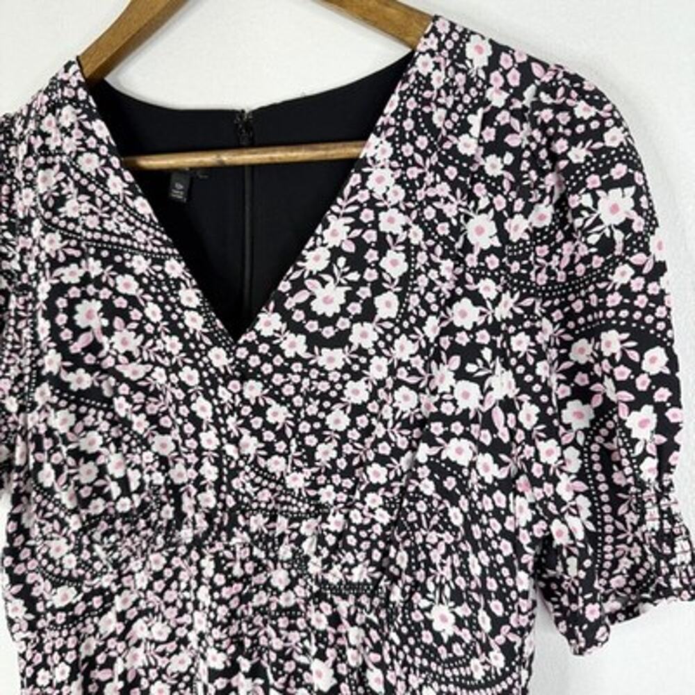 Talbots Floral Paisley Dress 12P Black Pink Fit & Flare Midi Puff Sleeve Lined